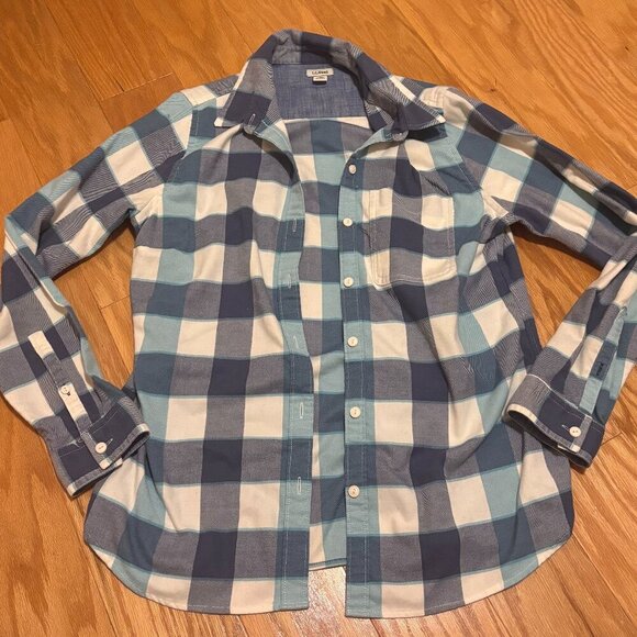 LL Bean Flannel Shirt Mens S Gray White Aqua Checkered Button Up Regular Fit - Picture 1 of 5